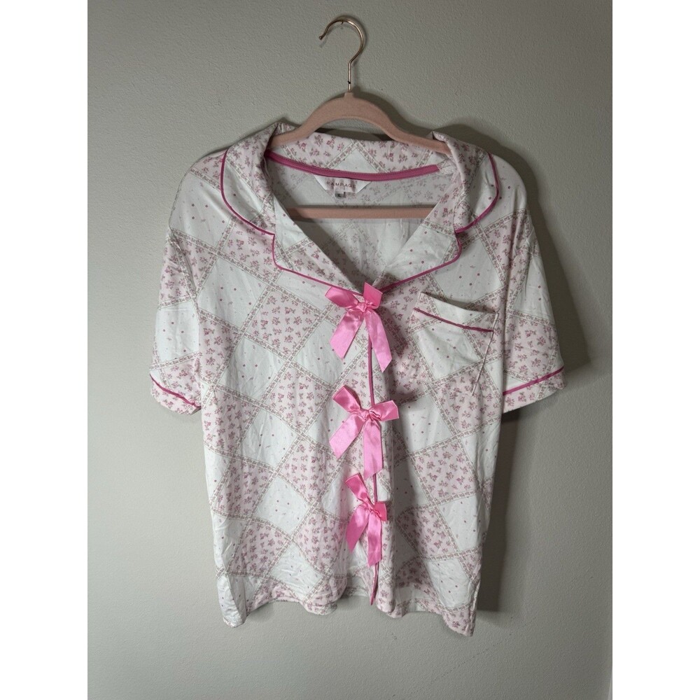 Rampage Floral Short Sleeve Collared Sleep Top Bow Tie White Pink XL